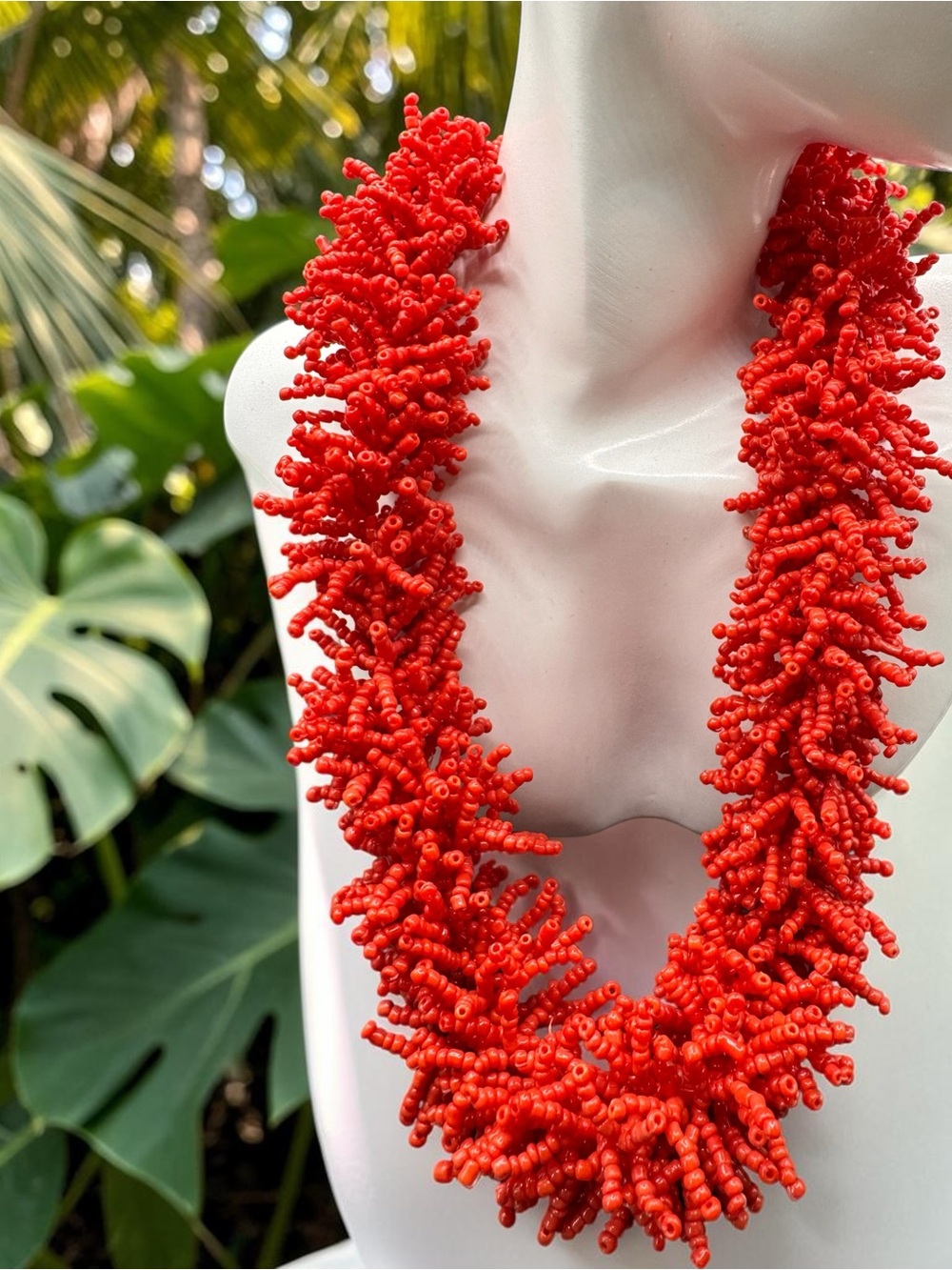 Red Coral-Style Beaded Statement Necklace - SKU X